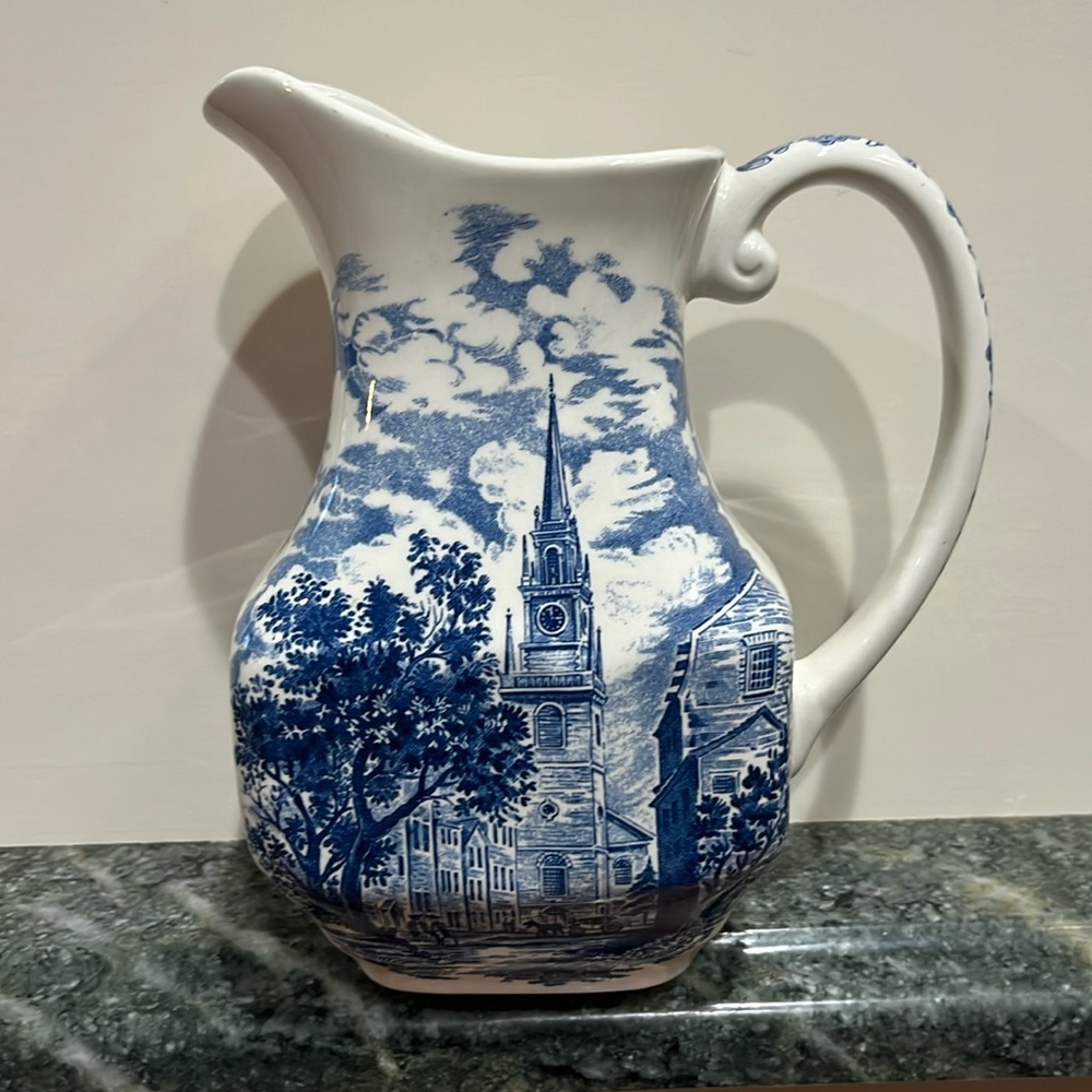 Liberty Blue historic colonial scenes pitcher 8 “